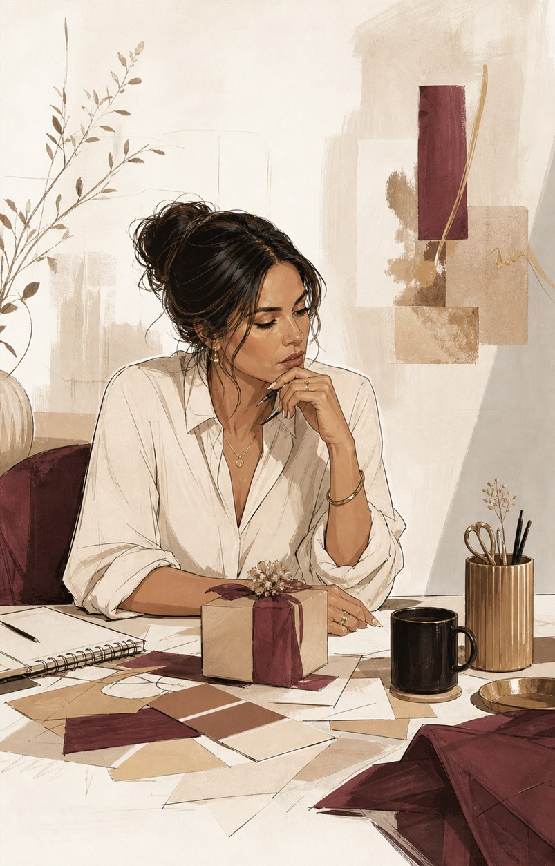 Ilustración editorial de una emprendedora reflexionando sobre su temporada